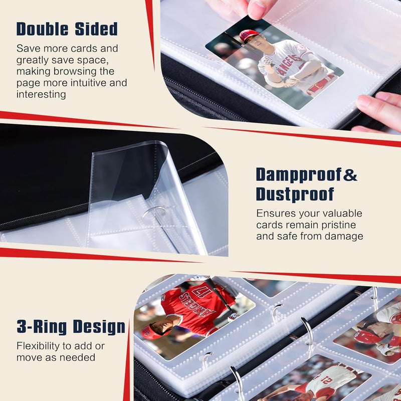 efunny Baseball Card Binder 4 Pocket Gifts for Boys Girls, Waterproof 400 Pockets Card Holder Album with 50 Removable Sleeves for Trading Card - Binder Display Storage Carrying Case for Baseball Cards - Image 5